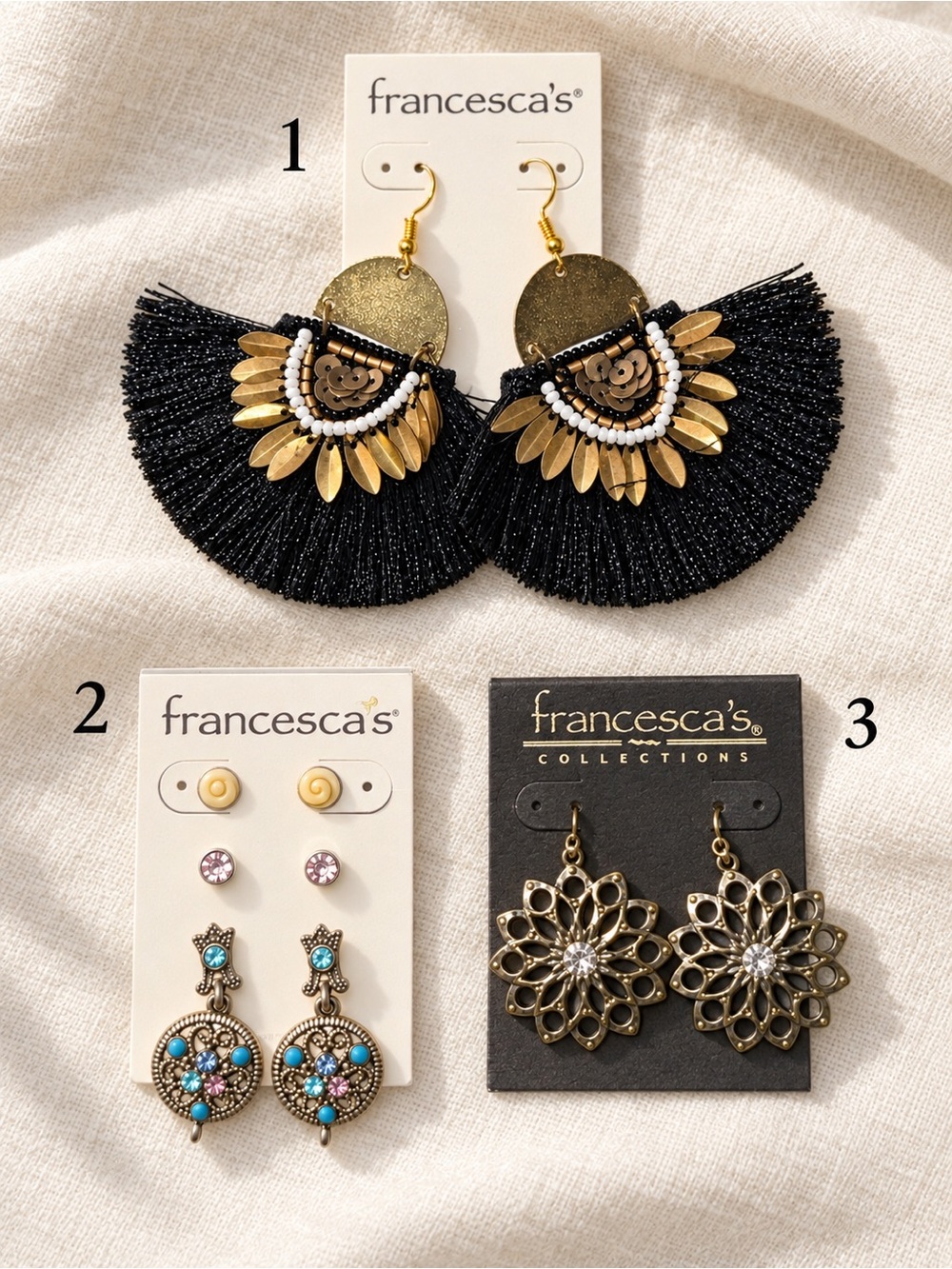 Francesca’s Boho Earrings – Tassel, 3-Pair Set & Floral – Choose Your Style